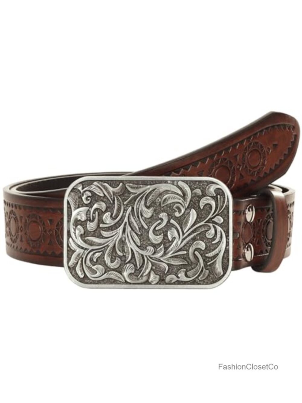 Rhinestone Studded Western Cowboy Belt PU Leather Floral Buckle Waist Belt